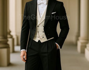 Men’s Black Tailcoat Tuxedo with Ivory Waistcoat | Formal Wedding Groom Suit | Classic Evening Tails & White Tie Set | TheGroomHouse