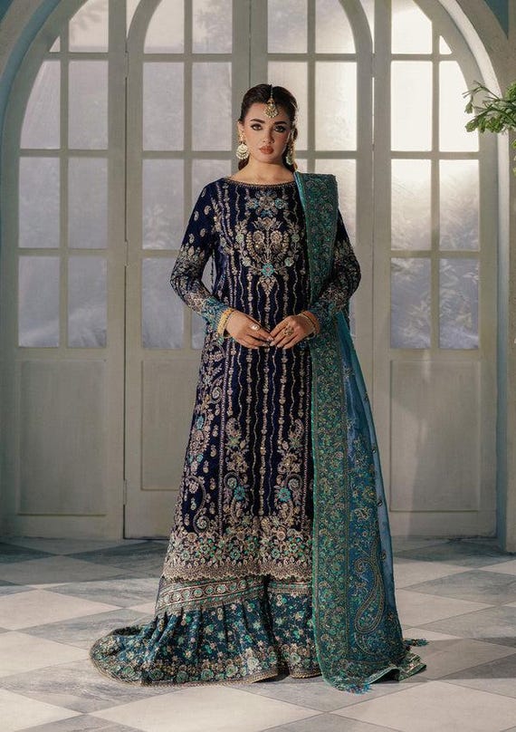 blue velvet pakistani dresses Sharara Indian Wedding Dress Party Wear Festive Outfit Party Wear trend_one-shoulder Champagne Bridesmaid Dresses Blue Waist Inches:42