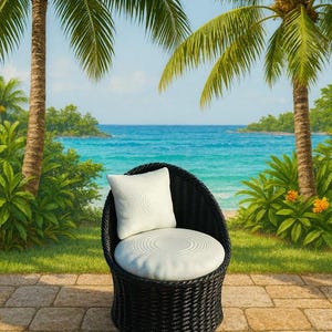 May include: A black wicker chair with a white cushion and pillow sits on a stone patio. Palm trees and a tropical beach scene with blue water and sky are in the background. The chair is designed for outdoor use.