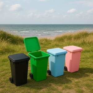 Può includere: Quattro bidoni della spazzatura colorati con ruote, neri, verdi, azzurri e rosa, sono disposti su un prato. Il coperchio del bidone verde è aperto. Lo sfondo presenta una spiaggia e il mare sotto un cielo blu.