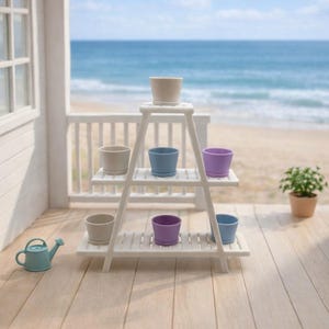 May include: A miniature white plant stand with three tiers, holding six small, colorful ceramic pots. The pots are in shades of beige, blue, and purple. A small blue watering can sits nearby. The scene is set on a wooden deck with a beach and ocean view.