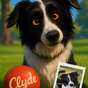 May include: A cartoon-style image of a black and white dog with orange eyes, a blue collar, and a red ball with the name "Clyde" on it. A polaroid photo of the dog is also present. The text "Turn your pet into a cartoon" is at the top.