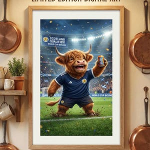 May include: A framed digital art print featuring a cartoon Highland cow in a Scotland soccer uniform, holding a can of Irn-Bru. The image is set in a stadium with the text "SCOTLAND QUALIFIES! WORLD CUP BOUND!" above the cow.