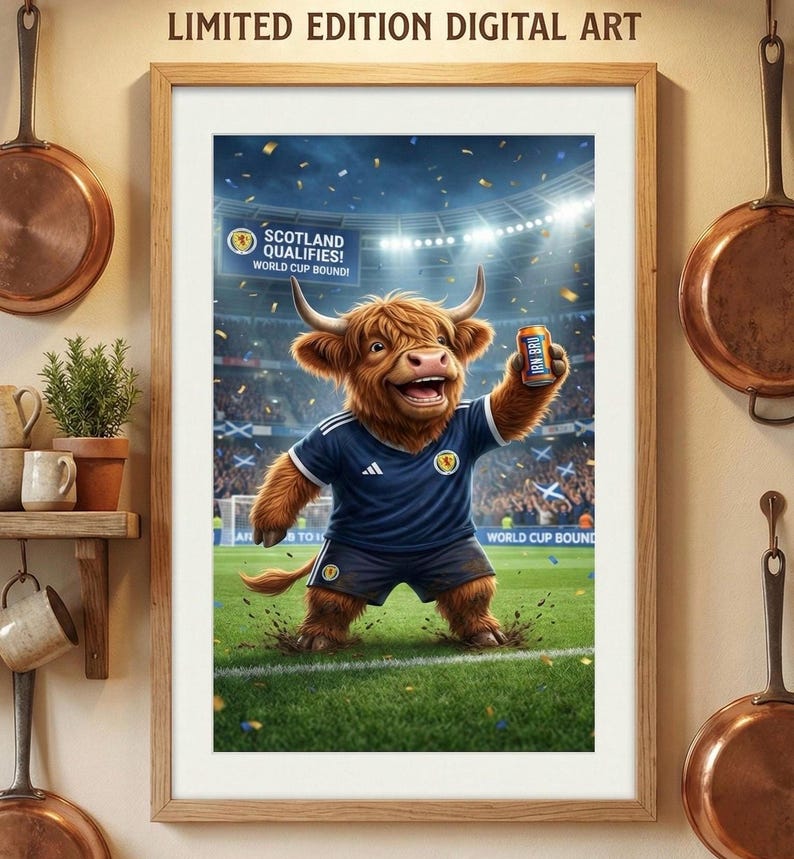 May include: A framed digital art print featuring a cartoon Highland cow in a Scotland soccer uniform, holding a can of Irn-Bru. The image is set in a stadium with the text "SCOTLAND QUALIFIES! WORLD CUP BOUND!" above the cow.