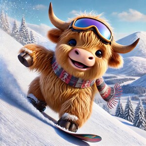 May include: A cartoon illustration of a fluffy, brown Highland cow snowboarding down a snowy mountain. The cow wears blue ski goggles and a patterned scarf. The background features snow-covered trees and mountains under a blue sky.