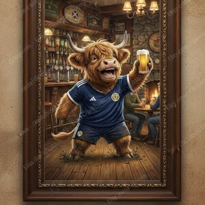 May include: Digital art print of a cartoon Highland cow wearing a blue soccer uniform, holding a beer in a pub setting. The framed artwork features a detailed interior with a bar, fireplace, and patrons.