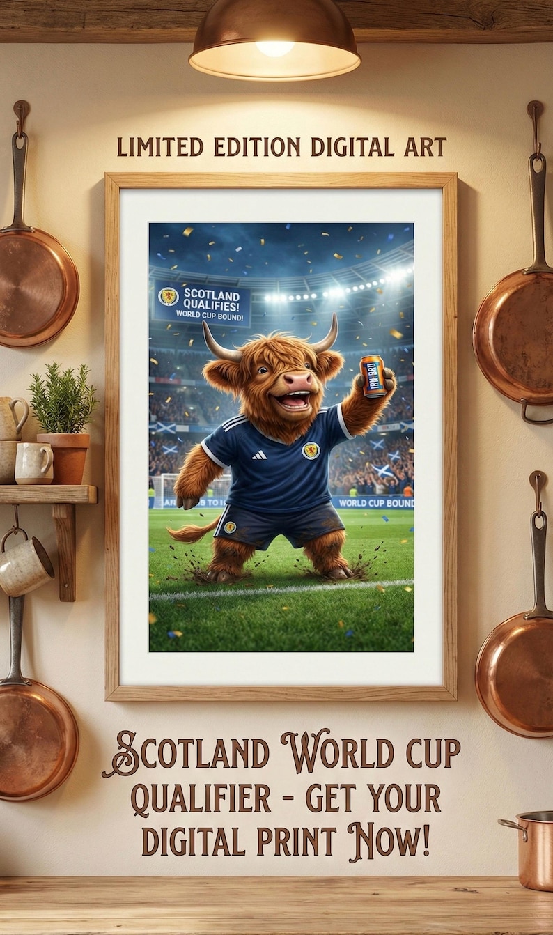 May include: Digital art print in a wooden frame featuring a cartoon Highland cow in a Scotland soccer uniform. The cow is holding a can of Irn-Bru. Text reads "Scotland World Cup Qualifier - Get Your Digital Print Now!"