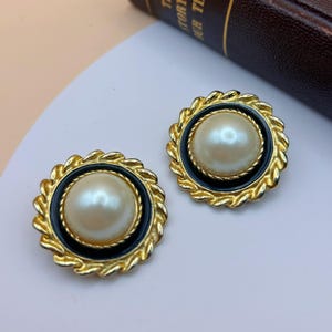 Vintage 1980s Park Lane Clip-On Earrings, Faux Pearl with Black Enamel & Gold Tone Rope Bezel