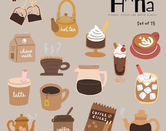 Coffee & Tea Digital Stickers – Hand-Drawn Planner Graphics (PNG, Digital Download)