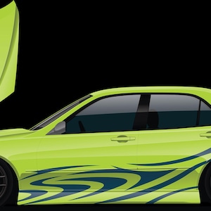 May include: Lime green sedan with black rims and blue tribal graphics. The car's hood is detached and floating above the vehicle. The car has tinted windows and a sporty design.