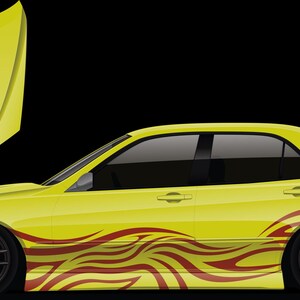 May include: A yellow sports car with red and orange flame decals along the side. The car has black rims and a matching yellow hood. The background is black.