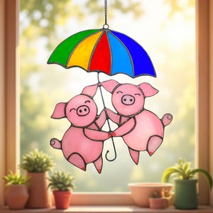 Real Stained Glass Pig Suncatcher – Handmade Cute Pigs with Rainbow Umbrella – Whimsical Window Hanging – Farm Animal Gift – Sun Catcher