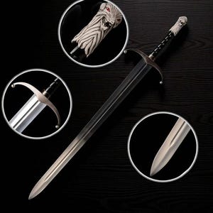 May include: A longsword with a metallic blade, a black grip, and a crossguard. The pommel is shaped like a white wolf head with red eyes. Three circular insets show close-up details of the wolf pommel, the crossguard, and the pointed blade tip.