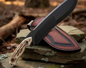 Couteau de chasse fait main, manche en cerf, soie pleine, étui en cuir