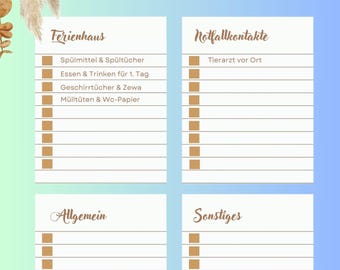 May include: A digital planner page with a floral design at the top. The page is divided into sections labeled "Ferienhaus", "Notfallkontakte", "Allgemein", and "Sonstiges". The title "Notizen" is written in a decorative font.