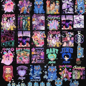 May include: A collection of colorful graphic designs featuring the text "SAJA BOYS" and "HUNTRAX". The designs include illustrations of cartoon characters, cats, and text-based graphics. The color palette includes pink, blue, purple, and yellow.