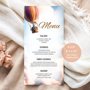 Ballon Teddy Bear Menu Template, Light Blue Teddy Bear Baby Shower Menu Card, We Can Bearly Wait Theme for Baby Gender Neutral, Blue Sky