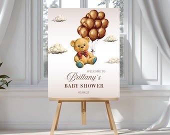 Boho Teddy Bear Baby Shower Welcome Sign - Editable Canva Template