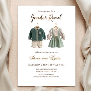 Geschlecht offenbaren Einladung Geschlecht neutral Baby-Kleidung, Wäscheleine Geschlecht offenbaren einladen, er oder sie was wird Baby sein? Überraschungs-Gender Reveal