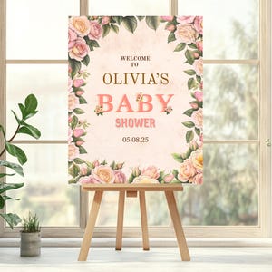 Rose Wildflower Girls Baby Shower Welcome Sign, Floral Baby in Bloom Poster Printable Editable Canva