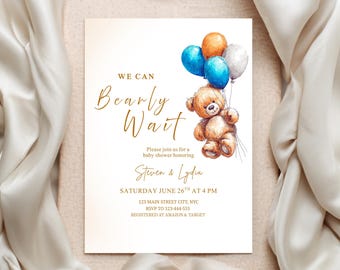 Gender Neutral Bear Baby Shower Invitation: Beige Boho (Canva Template Digital Download 5x7 inches )