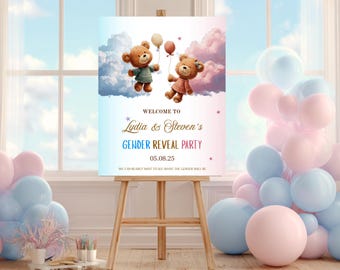 Teddy Bear Gender Reveal Welcome Sign: Boho Pink & Blue (Canva Template)