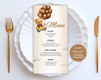 Modello di menu per baby shower con orsacchiotto modificabile su Canva