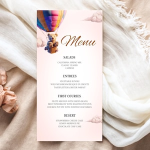Pink Balloon Teddy Bear Menu Template Editable, Pink Bear Baby Shower Menu, We Can Bearly Wait, Pink Theme for Baby Girl, Bear and Balloons