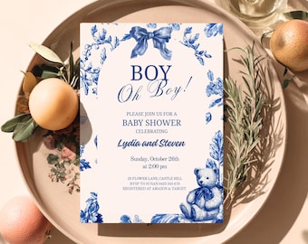 Toile de jouy blauwe uitnodiging, bewerkbare Oh Boy babyshower uitnodiging, jongen marineblauwe teddybeer babyshower uitnodiging, blauwe toile print douche