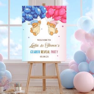 Teddy Bär Gender Reveal Willkommensschild: Boho Baby Shower Decor (Digitaler Download Canva Template)