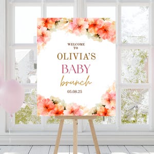 Bearbeitbares Baby in Bloom Willkommensschild, Rosa Blumen Willkommensschild zum Ausdrucken, Wildblumen-Baby-Duschschild-Vorlage, Mädchen-Babyparty-Canva