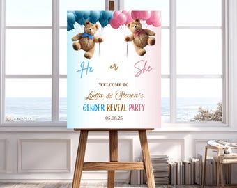 Letrero de bienvenida con diseño de osito de peluche "Podemos esperar", decoración para fiesta de revelación de género de baby shower, globos azules y rosas, osito de peluche de género neutro.