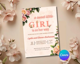 Könnte beinhalten: Eine Babyparty-Einladung mit dem Text "a sweet little GIRL is on her way." Die Einladung ist mit rosa und pfirsichfarbenen Rosen und grünen Blättern verziert. Die Veranstaltung ist für Lydia und Steven Andreason.