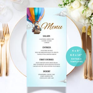 EDITABLE Balloon Teddy Bear Baby Shower Menu Template, Custom Menu Template Bear Baby Shower  Boy Teddy Bear Favors We Can Bearly Wait Canva
