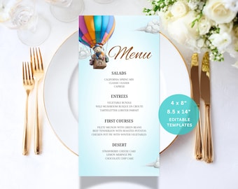 Modello di menù per baby shower a tema orsacchiotto: design modificabile Canva (download digitale, 4x8 e 8,5x14 pollici)