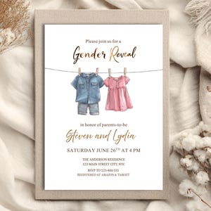 Editable Pink and Blue Boho Baby Clothes Gender Reveal Invitation, Clothesline Gender Reveal Party Invite Template, DIGITAL DOWNLOAD, Canvas