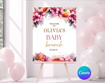 Citrus Baby Shower Invitation: Pink Floral Brunch, Editable Canva Template (Digital Download)