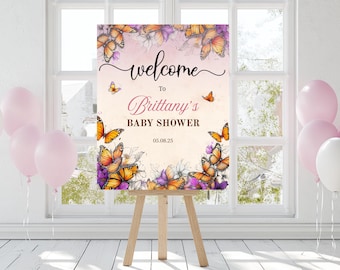 Letrero de bienvenida con diseño de mariposa para baby shower: Plantilla editable (descarga digital)