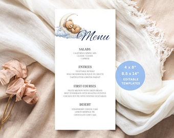 Modello di menu per baby shower a tema orsacchiotto: design modificabile Canva (download digitale)