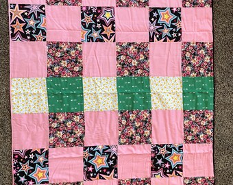 Color Block Child Sized Tie Quilt Yellow Lemon Print, 100% Cotton