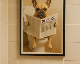 Arte mural divertido para el baño con perro: perro en el inodoro leyendo el periódico. Decoración divertida para el baño o el tocador.