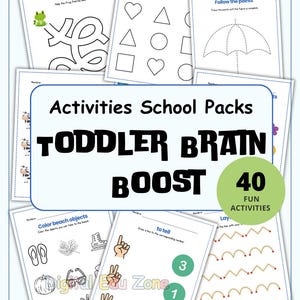 Puede incluir: Un conjunto de hojas de actividades educativas para niños pequeños, que incluyen laberintos, reconocimiento de formas y ejercicios de conteo. El título "TODDLER BRAIN BOOST" se muestra de forma destacada, junto con "40 FUN ACTIVITIES". La imagen tiene un diseño colorido y lúdico.