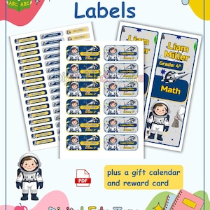 Puede incluir: Etiquetas escolares y un marcapáginas con temática de astronauta. Las etiquetas muestran el nombre "Liam Miller" y "Grade 4". La imagen también incluye el texto "Digital Edu Zone" y "plus a gift calendar and reward card".
