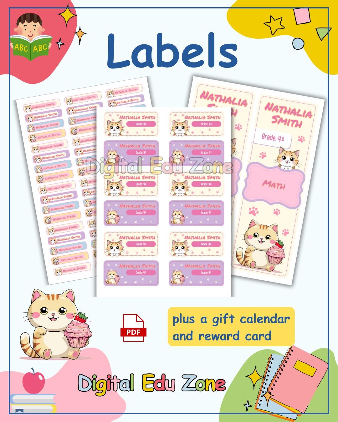 Cat Labels Paper Editable Cat School Labels | Editable Cat Name Tags for Kids ...
