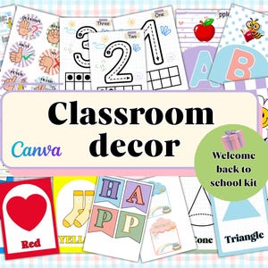Puede incluir: Una colección de elementos decorativos para el aula, que incluyen tarjetas de números, tarjetas del alfabeto y etiquetas con nombres. La imagen presenta el texto "Classroom decor" y "Welcome back to school kit."