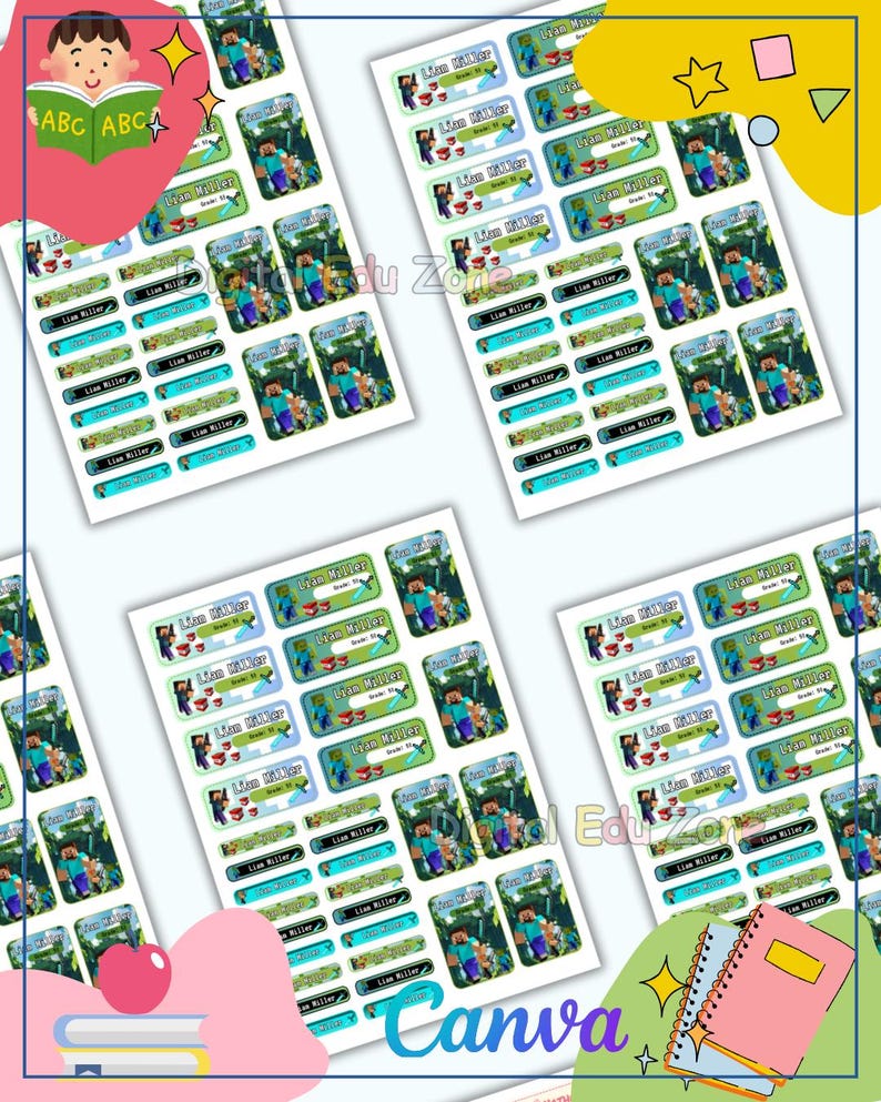 Minecraft School Labels Editable in Canva | Digital Name Tags for Kids ...