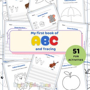 Puede incluir: Un conjunto de cuadernos de actividades infantiles titulados "My first book of ABC and Tracing". Los cuadernos presentan ejercicios de trazado, dibujos y el texto "51 FUN ACTIVITIES". Los cuadernos presentan ilustraciones de letras, animales y objetos.