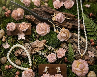 Real Rose Jewelry Set Mauve Pearl Necklace Dusty Pink Earring Gold Flower Brooch Cottagecore Bridal Hairpin Crystal Bow Dangle Gift for Her