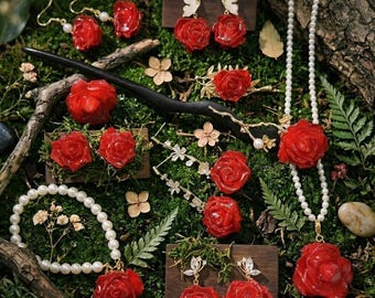 Real Rose Jewelry Set Preserved Flower Necklace Red Rose Stud Earrings Resin Botanical Ring Cottagecore Bridal Gift Gold Brooch Hairpin