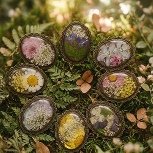 Pu&ograve; includere: Un assortimento di pendenti ovali in resina con fiori secchi di vari colori, su uno sfondo di fogliame verde. Ogni pendente ha una cornice in filigrana color bronzo. La parola "SEEDAY" &egrave; visibile in alto a destra.